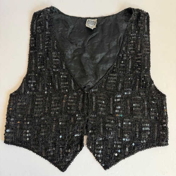 Cotton Castle Tops - Vintage Silk Beaded Sequin Vest Black Medium Goth Party 90s Glam Witchy